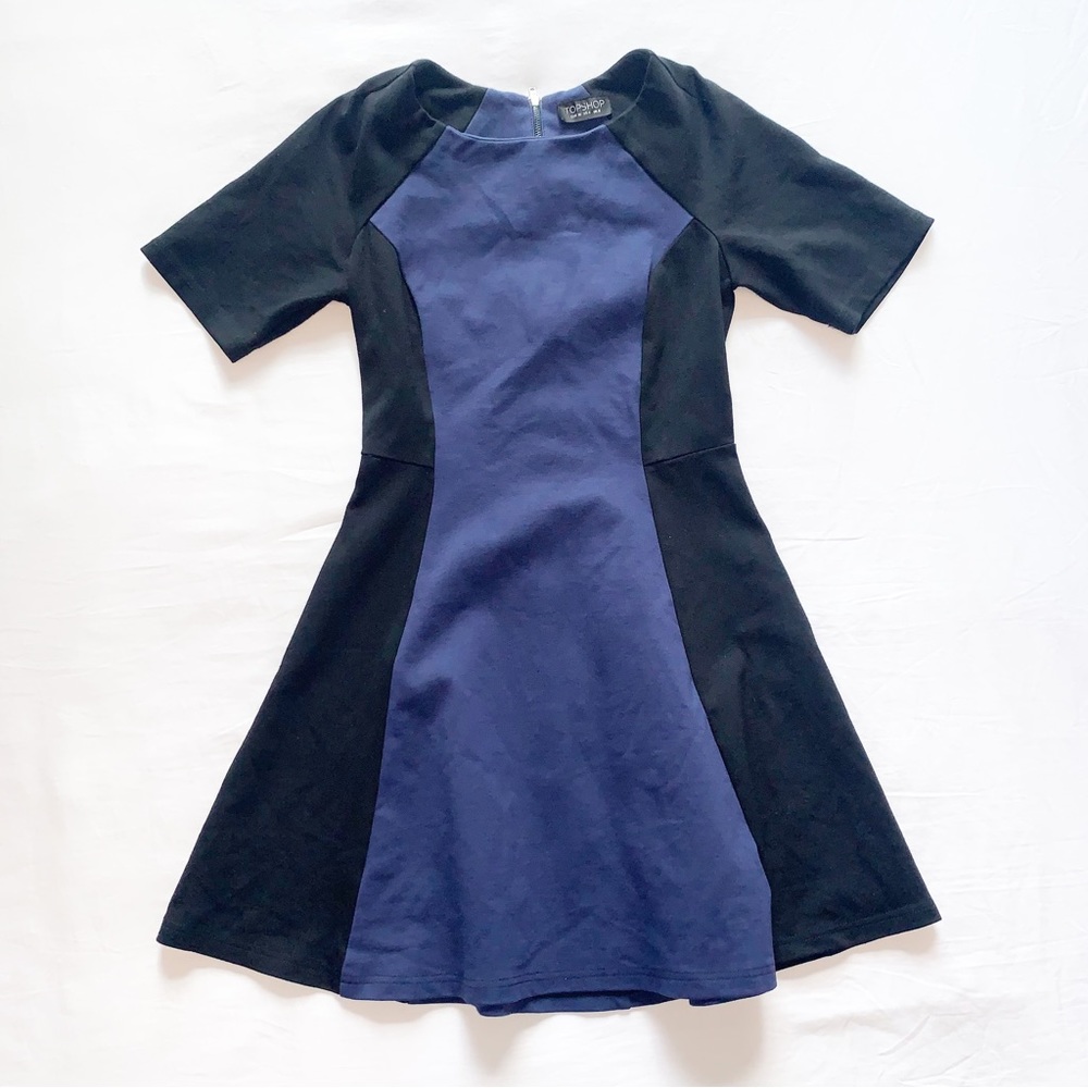 Topshop Blue and Black Colorblock Fit and Flare Dress